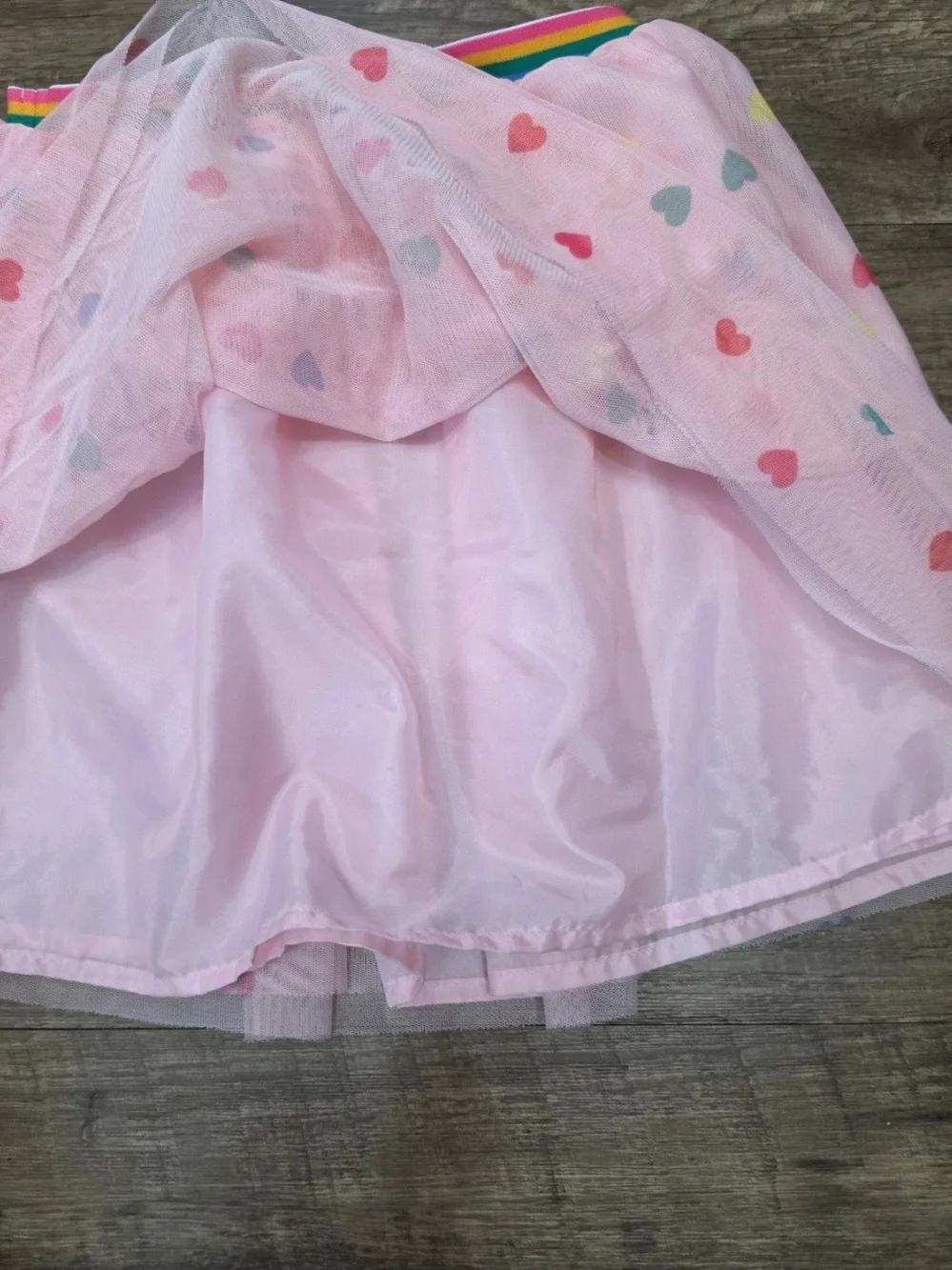 Girls Pink Heart Print Tulle Skirt with Rainbow Waistband
